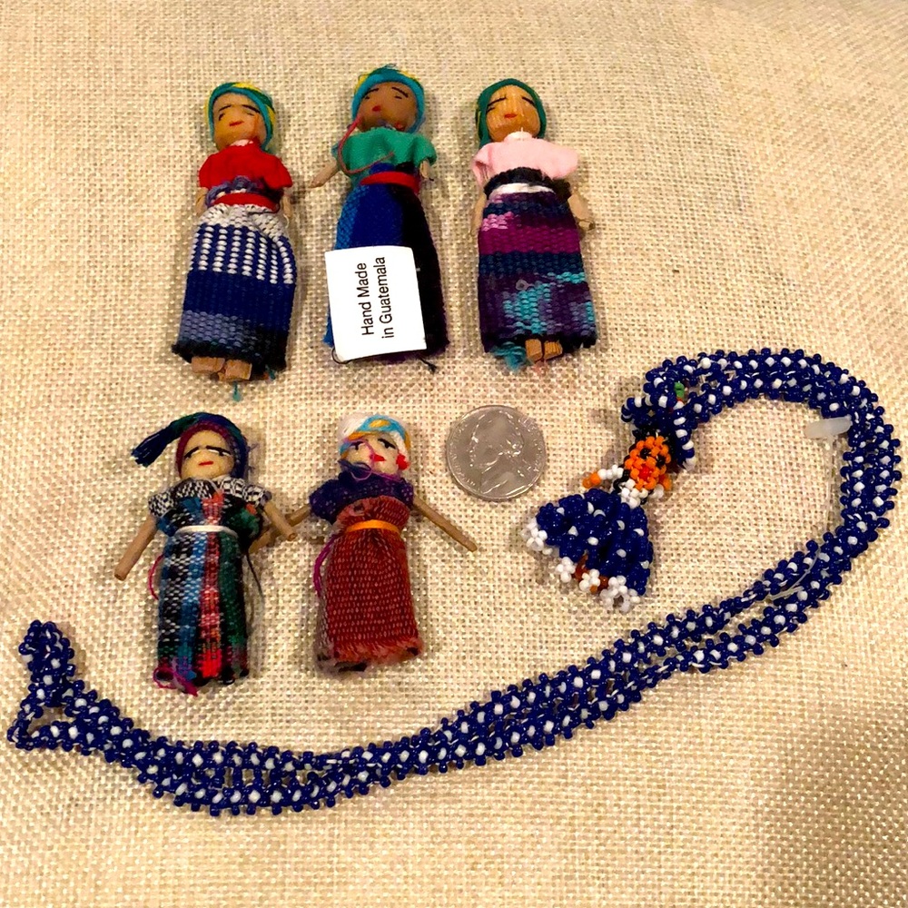 Guatemalan worry dolls & Native American necklace